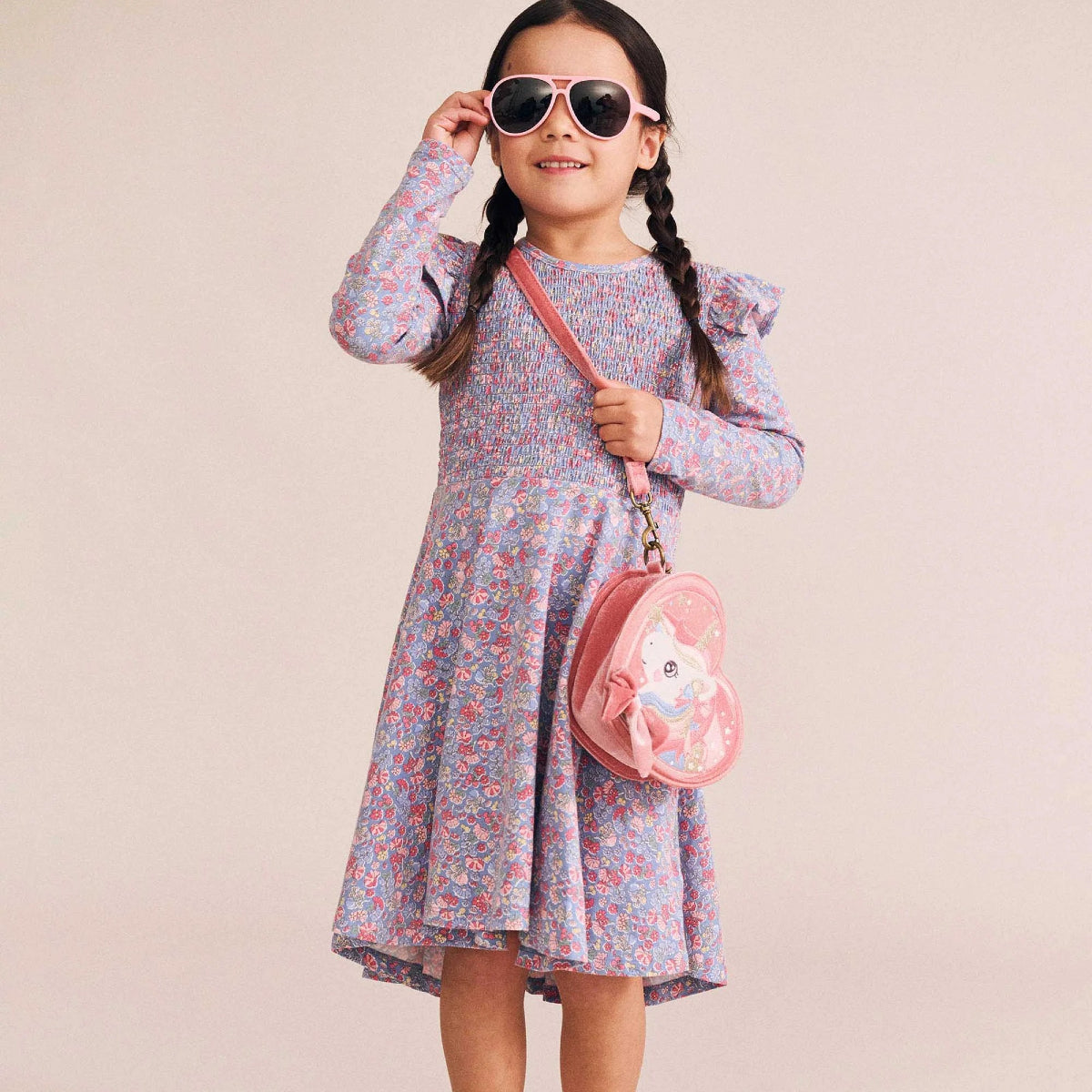 Light Gray Vintage Floral Puff Long Sleeve Shirred Dress