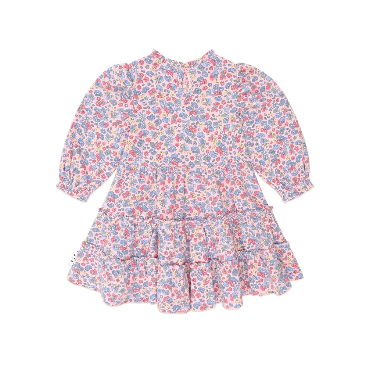 White Smoke Vintage Floral Puff Long Sleeve Shirred Dress
