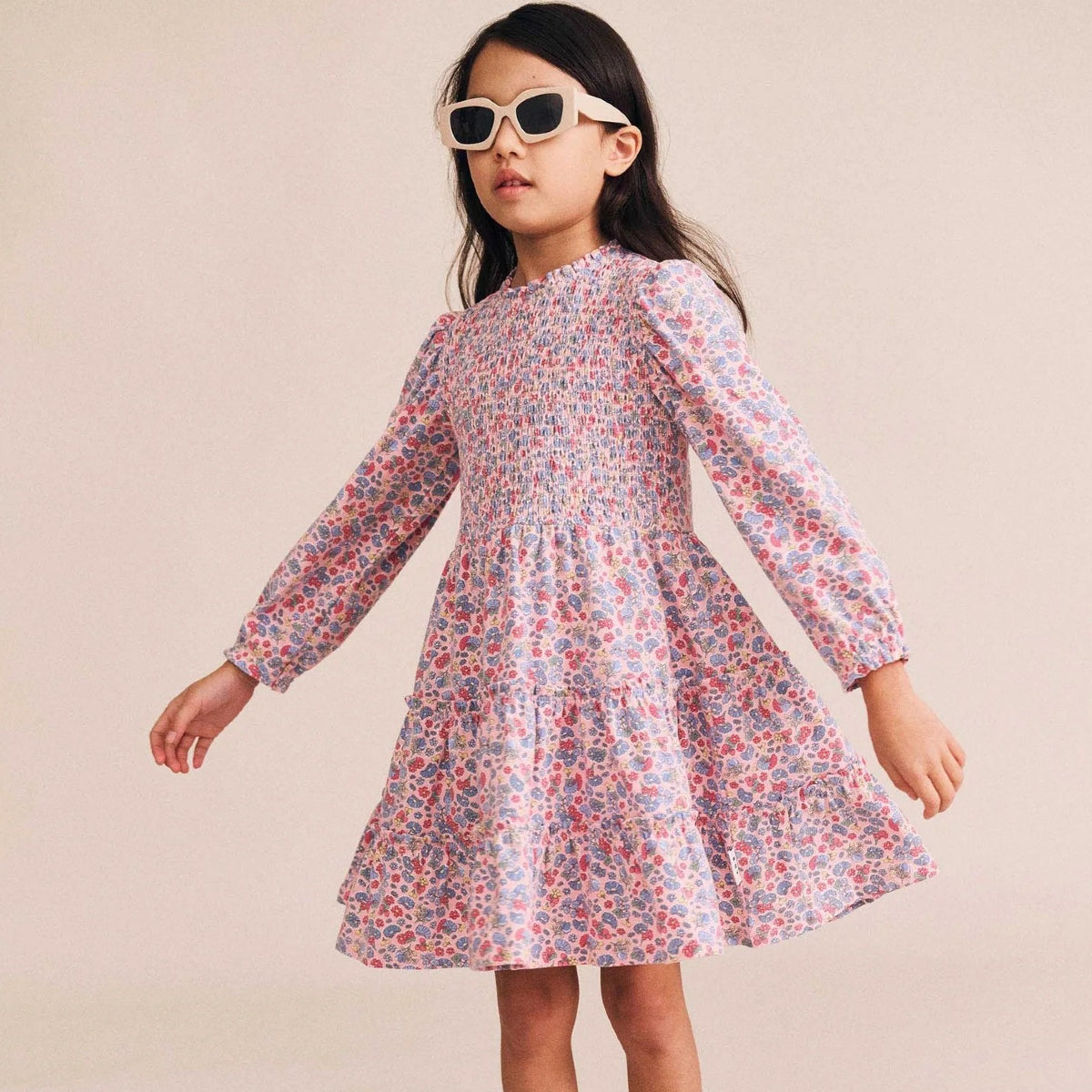 Light Gray Vintage Floral Puff Long Sleeve Shirred Dress
